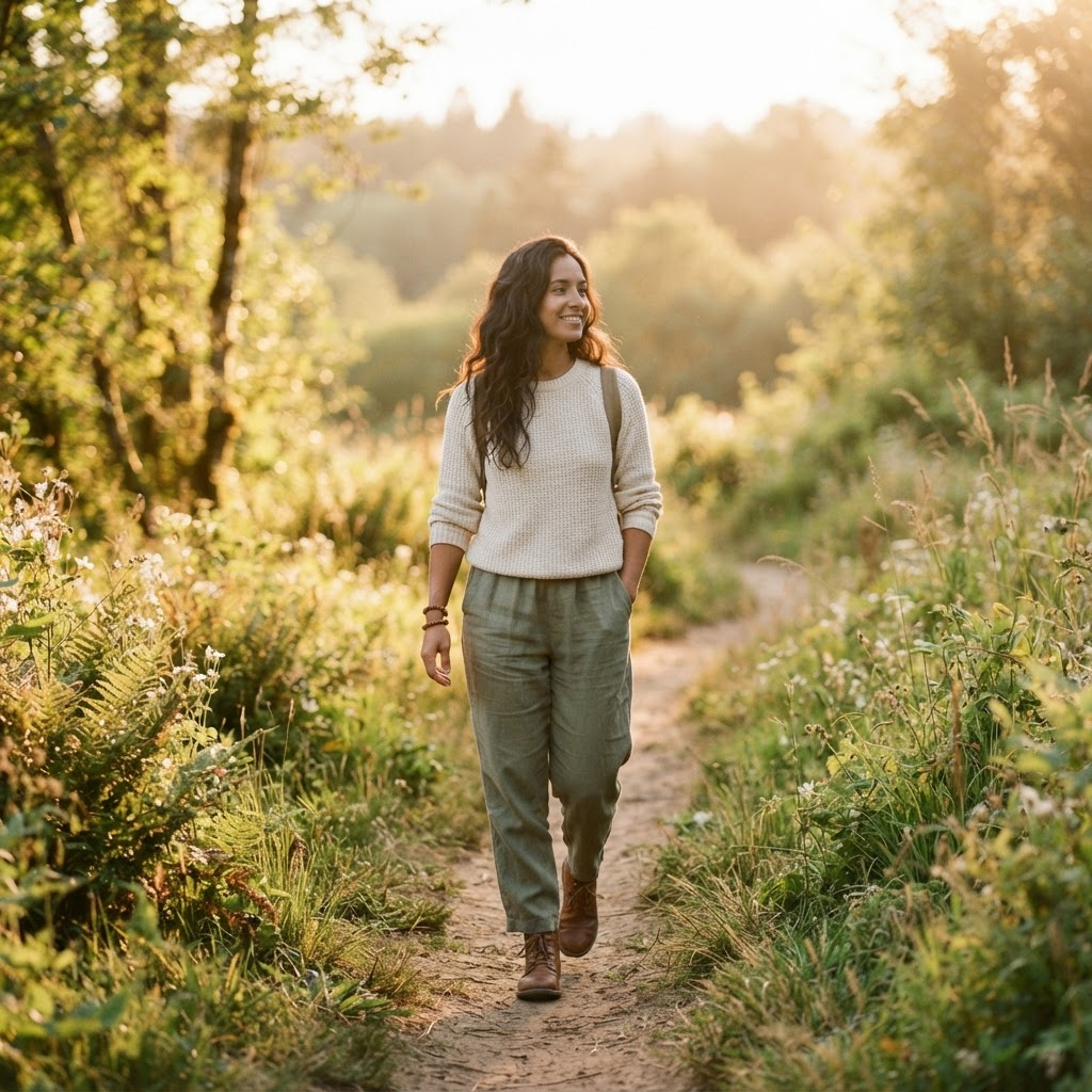Person walking outdoors in nature at golden hour with the phone away