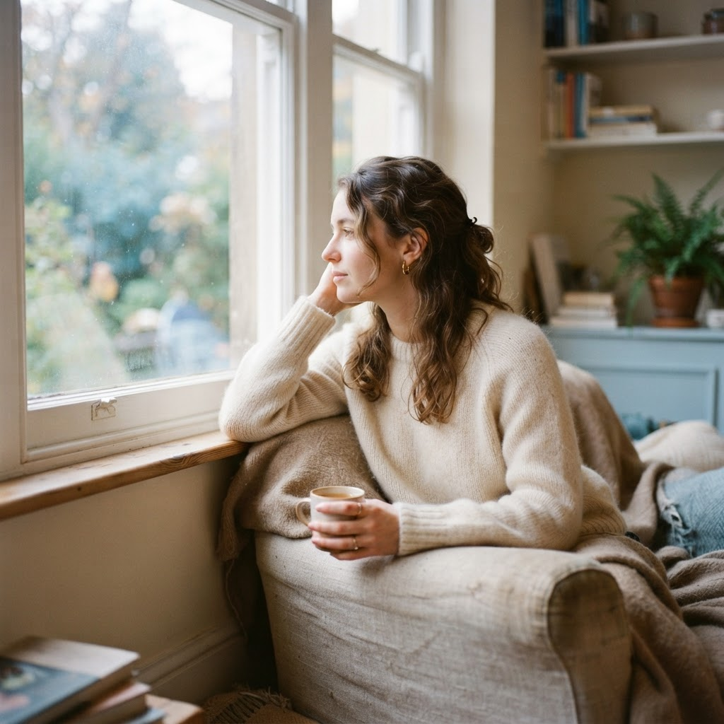 Person sitting quietly gazing out of a window, calm and still