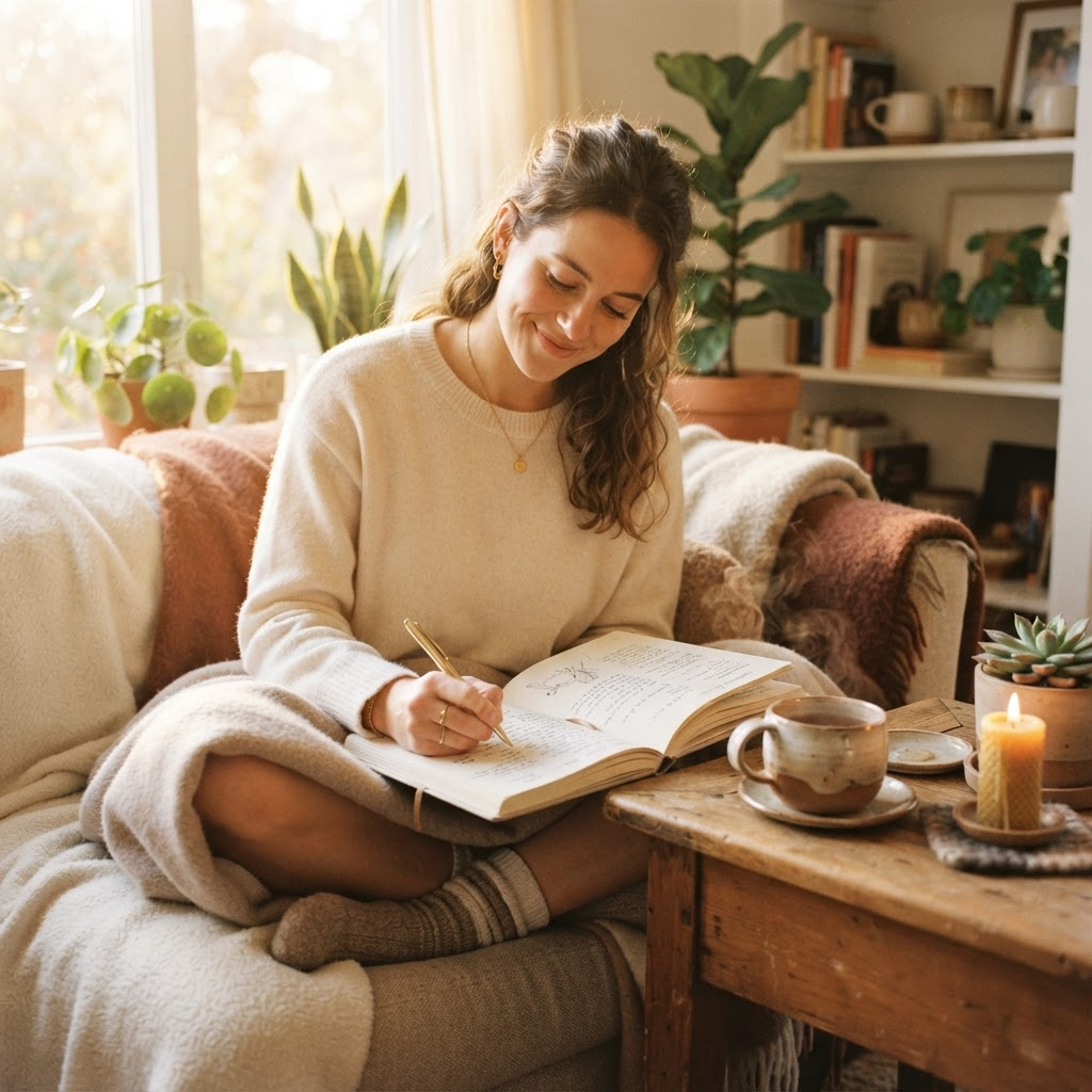 Person journaling peacefully in warm morning light with a cup of tea